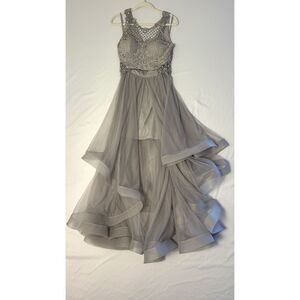 1011 Size 7 Jodi Kristopher 2 piece silver dress transparent tulle skirt lace